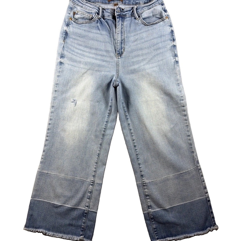Wide Leg Jeans Womens Judy Blue 13/31 Light Wash Colorblock Raw Hem High Rise